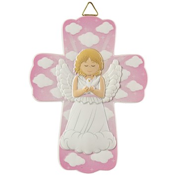 Croix enfantine en resine de couleur rose a suspendre et Ange en priere avec une colombe, H. 14 x 10.5 cm.