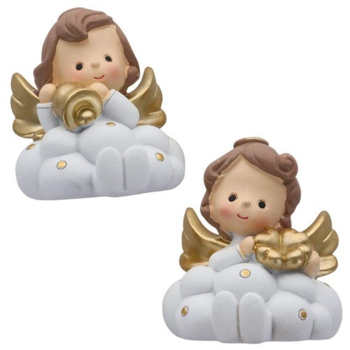 Ange en r-eacute-sine de couleur blanche et dor-eacute-e- forme nuage H- 6-7 cm- S-eacute-rie de 2 assorties-
