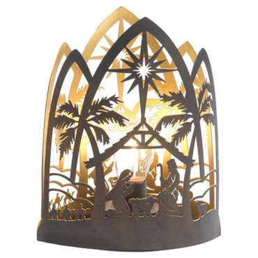 Nativité lumineuse en métal en forme de lanterne à poser, H. 22.6 cm.