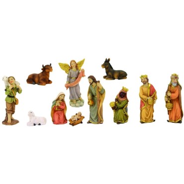 Crèche en résine 11 personnages, H.6 cm. Livrée en boite présentoir.