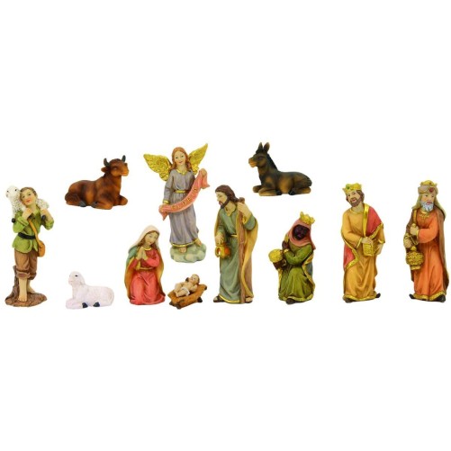 Crèche en résine 11 personnages, H.6 cm. Livrée en boite présentoir.