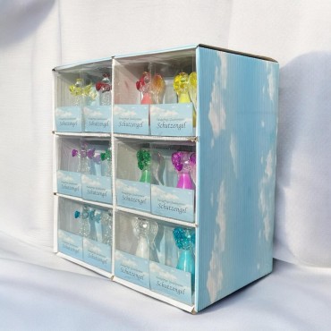 Boîte présentoir de 36 anges en verre, 6 séries de 6 assorties. H. 8 cm