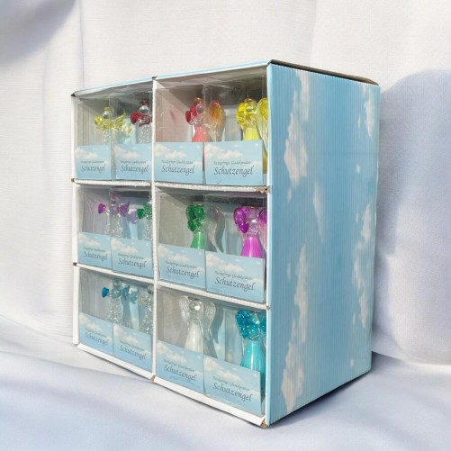 Boîte présentoir de 36 anges en verre, 6 séries de 6 assorties. H. 8 cm