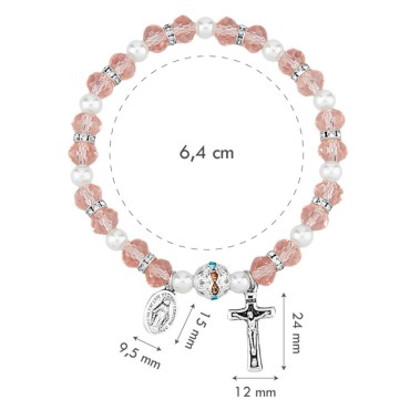 Bracelet sur élastique grains en verre Ø 8 mm avec médaille et croix. LOT DE 6 BRACELETS ASSORTIS.