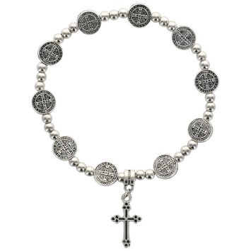 Bracelet sur -eacute-lastique en m-eacute-tal de couleur argent-eacute- de Saint Benoit avec croix -Oslash- 9 mm