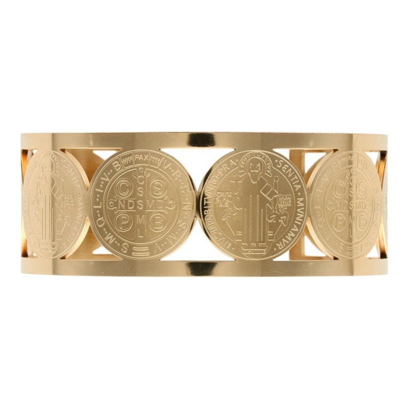 Bracelet manchette Saint Benoit en acier inoxydable couleur doré, ajustable. Ø intérieur 6,3cm