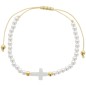 Bracelet sur corde blanche reglable, grains en coquillage Ø 4 mm et croix.