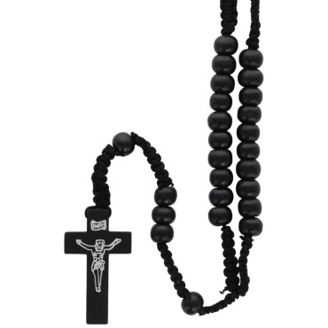 Chapelet sur corde grains rond en bois de couleur noir- avec Christ imprim-eacute-