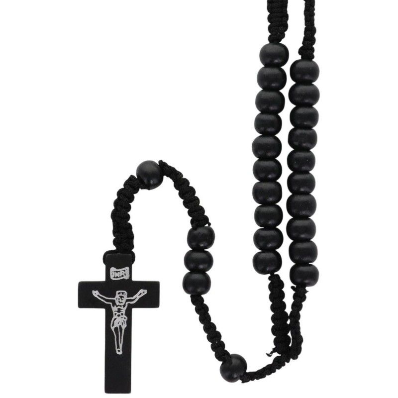 Chapelet sur corde grains rond en bois de couleur noir- avec Christ imprim-eacute-