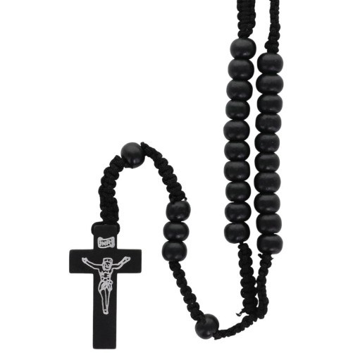 Chapelet sur corde grains rond en bois de couleur noir- avec Christ imprim-eacute-