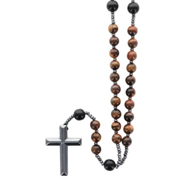 Chapelet avec grains en œil de tigre Ø 8 mm avec croix en hématite. Longueur jusqu'au cœur 31 cm