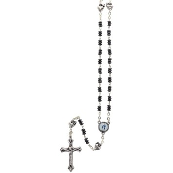 Chapelet grains en hématite H. 5mm avec pater métal de EX-VOTO avec croix métal livre en boite
