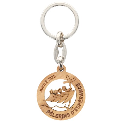 Porte-clés en bois du Jubilé 2025 Pèlerins de l'Esperance Ø 3.5 cm.