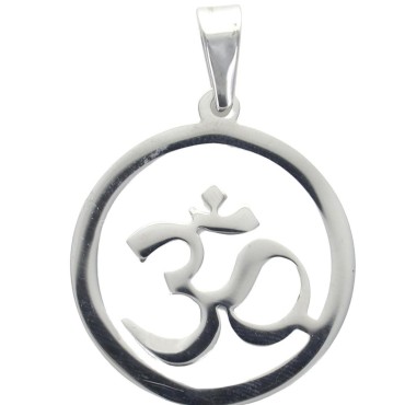 Pendentif symbole OM en acier inoxydable couleur argentée, H. 3.3 cm.