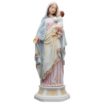 Statue en polystone polychrome, peinte à la main : Vierge à l’Enfant avec scène de la Nativité à l’intérieur, hauteur 29 cm.