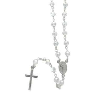 Chapelet en argent 925°/°° avec fermoir (7,30 g) grains facettes Ø 5 mm croix plate. Livre en boite. Plusieurs couleurs..