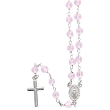 Chapelet en argent 925°/°° avec fermoir (7,30 g) grains facettes Ø 5 mm croix plate. Livre en boite. Plusieurs couleurs..
