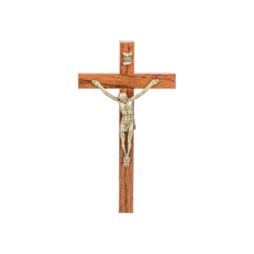 Crucifix bois marron vernis avec Christ métal bronze..