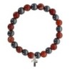 Bracelet sur elastique en hematite et pierre naturelle ou synthetique Ø 7 mm avec croix..