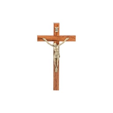Crucifix bois marron vernis avec Christ métal bronze..