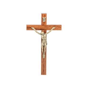 Crucifix bois marron vernis avec Christ métal bronze..