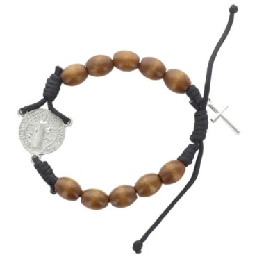 Bracelet dizainier réglable sur corde, grains en bois 7 mm, avec croix en métal. Différents Saints disponibles.