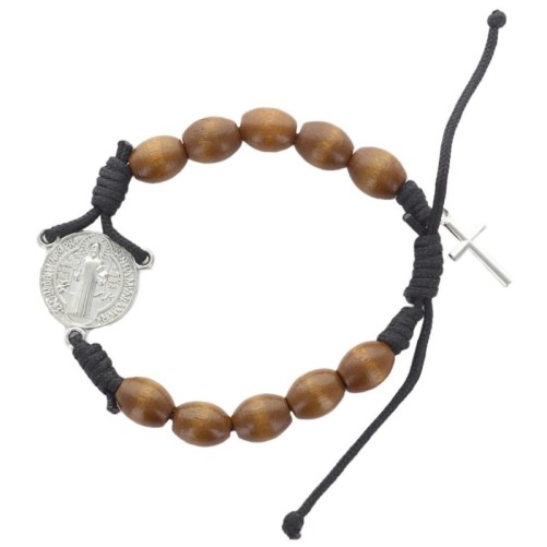 Bracelet dizainier réglable sur corde, grains en bois 7 mm, avec croix en métal. Différents Saints disponibles.