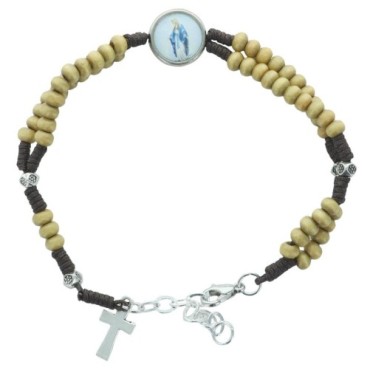 Bracelet sur corde, Ø 4 mm réglable avec fermoir, résine Vierge Miraculeuse et croix métal. Différentes couleurs.