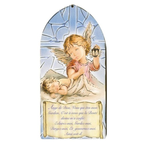 Cadre plaque de porte en bois à suspendre, H. 20 cm, image collée avec prière, plusieurs saints.