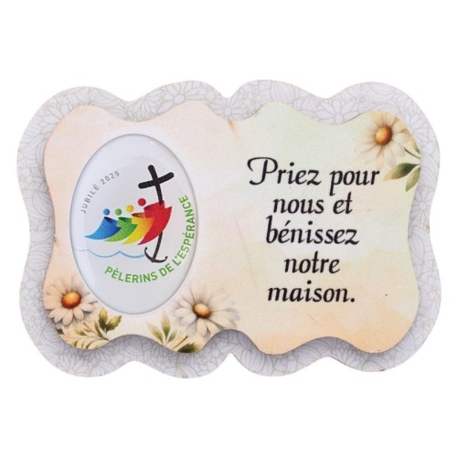 Magnet en bois H. 5 x 7 cm, avec prière pour la maison et résine de