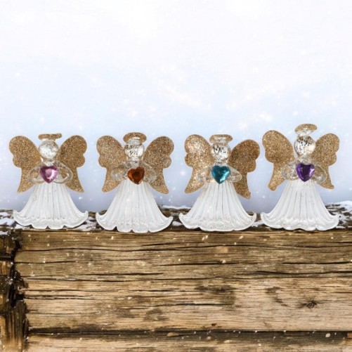 Ange en verre robe striee ailes pailletees et couleur doree H. 5 cm, SERIE DE 4 ANGES ASSORTIS.