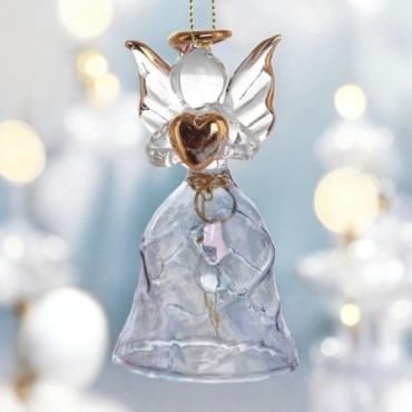 Ange en verre avec robe torsadée colorée et clochette. H. 6 cm. Série de 3 anges assortis, chacun en boîte individuelle.