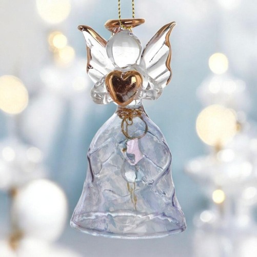 Ange en verre avec robe torsadée colorée et clochette. H. 6 cm. Série de 3 anges assortis, chacun en boîte individuelle.