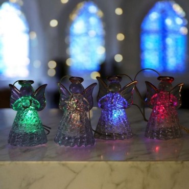 Ange en verre lumineux LED, robe torsadée avec reflets multicolores. H. 7 cm. Série de 4 anges assortis. Livrés en boîte.