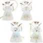Ange en verre lumineux LED, robe torsadée avec reflets multicolores. H. 7 cm. Série de 4 anges assortis. Livrés en boîte.