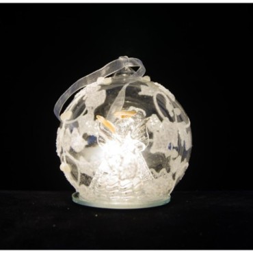 Ange en verre avec robe lumineuse tournante dans boule en verre décorée Ø 8 cm, livré en boîte.