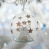 Ange en verre avec robe lumineuse LED tournante, dans boule en verre décorée Ø 8 cm. Série de 3 boules assorties.