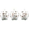 Ange en verre avec robe lumineuse LED tournante, dans boule en verre décorée Ø 8 cm. Série de 3 boules assorties.