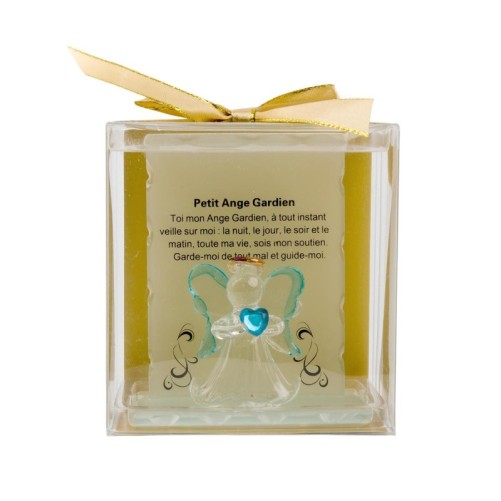 Ange en verre sur support, prière ange gardien. H 9,5 x 7,5 cm. 2 couleurs. Livré en boîte cadeau..