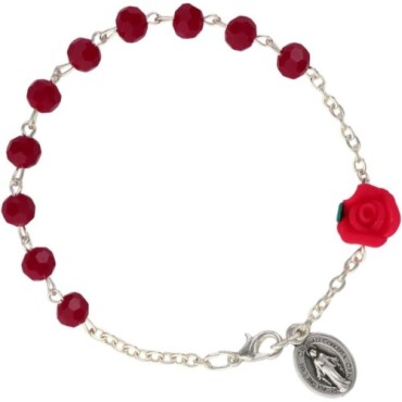 Bracelet dizainier sur chaine grains a facettes et forme rose Ø 5 mm, avec medaille de la V. Miraculeusec. Differentes couleurs.