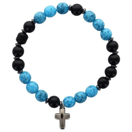 Bracelet dizainier sur élastique grains ronds en turquoise synthétique marbr2 & Jade noir Ø 8 mm et croix. Plusieurs couleurs.