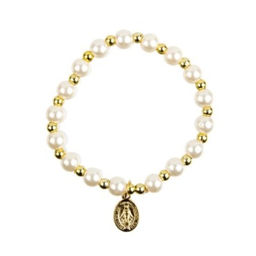 Bracelet sur elastique couleur doree grains imitation nacre Ø 7 mm, medaille Vierge Miraculeuse.
