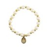 Bracelet sur elastique couleur doree grains imitation nacre Ø 7 mm, medaille Vierge Miraculeuse.