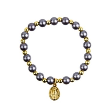 Bracelet sur elastique couleur doree grains imitation nacre Ø 7 mm, medaille Vierge Miraculeuse.