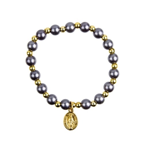 Bracelet sur elastique couleur doree grains imitation nacre Ø 7 mm, medaille Vierge Miraculeuse.