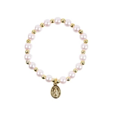 Bracelet sur elastique couleur doree grains imitation nacre Ø 7 mm, medaille Vierge Miraculeuse.