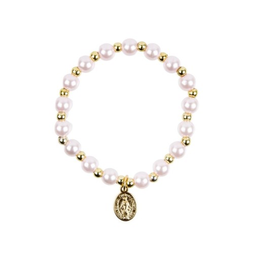Bracelet élastique couleur dorée, grains imitation nacre Ø 7 mm, avec médaille de la Vierge Miraculeuse.