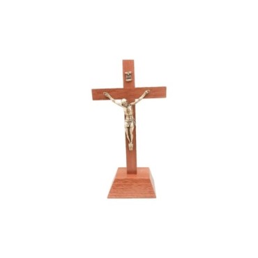 Crucifix bois marron vernis avec Christ métal bronzé sur socle