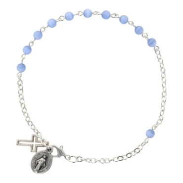 Bracelet sur chaine argentée grains rond en verre Ø 4 mm avec médaille de la Vierge Miraculeuse. Différentes couleurs