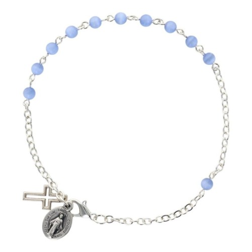 Bracelet sur chaine argentée grains rond en verre Ø 4 mm avec médaille de la Vierge Miraculeuse. Différentes couleurs